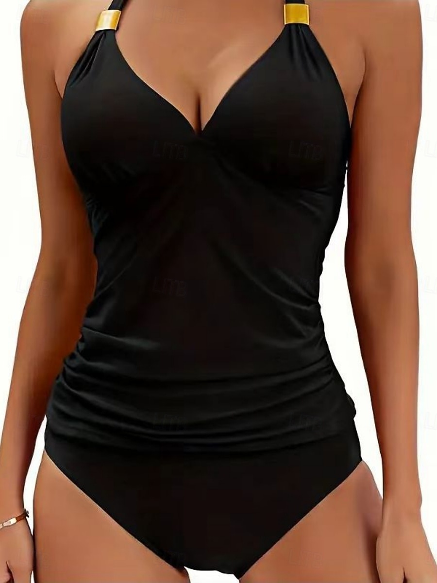 تانكيني نسائي مكون من قطعتين ملابس السباحة بكسرات ضيقة تحكم في البطن عالية الخصر ضيقة بدون ظهر ملابس شاطئ لعطلة بلون سادة رقبة هالتر بدون أكمام 2026 - $27.99 –P1