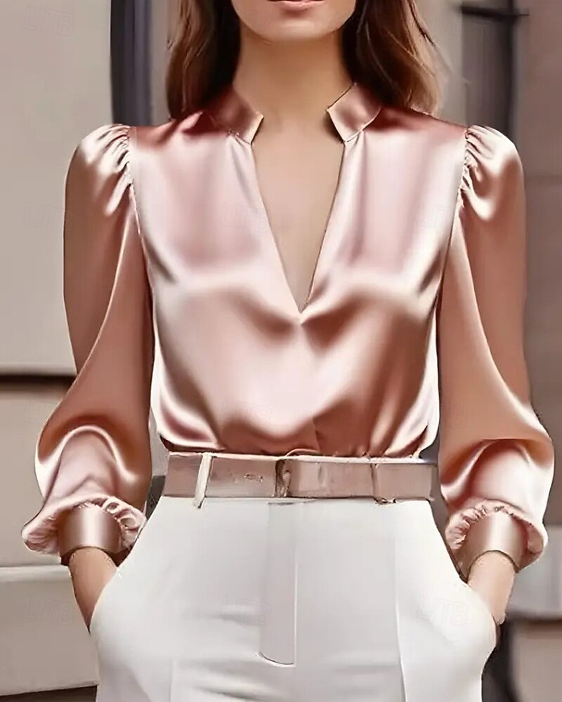 Dames Overhemd Elegant Chic satijnen top Met ruches Effen Stijlvol Lange mouw V-hals Normale tops Werk Feestdagen Uitgaan Zwart Wit Blozend Roze Lente Herfst 2026 - $27.99 –P3