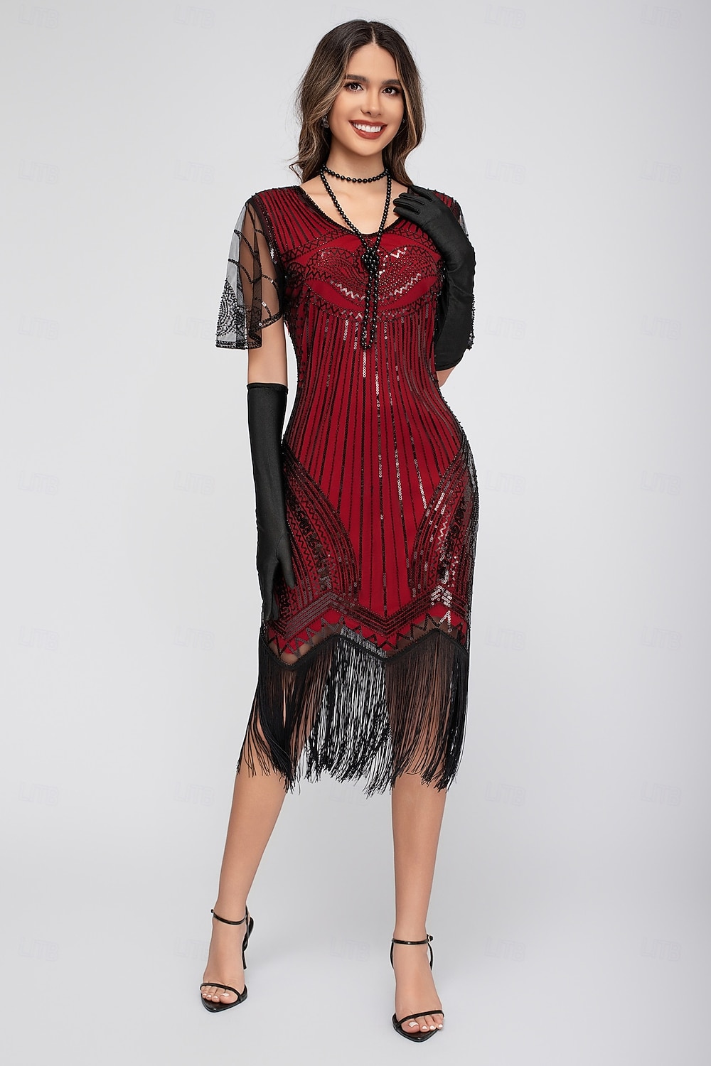 Goldene Zwanziger 1920er Knielang Flapper Kleid Kurze Ärmel Der große Gatsby Pailletten Fransen V Ausschnitt Kostüm Damen Weihnachten Karneval Flüsterkneipe Maskerade Retro-Mottoparty Erwachsene 2026 - $45.99 –P15