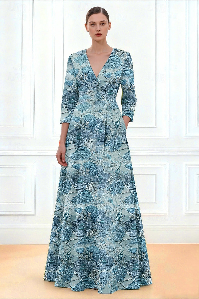 A-Line Floor Length Evening Gown Formal Dress Elegant Semi Formal Casual Daytime Wedding 3 4 Length Sleeve V Neck Garden Party Wedding Pocket Jacquard