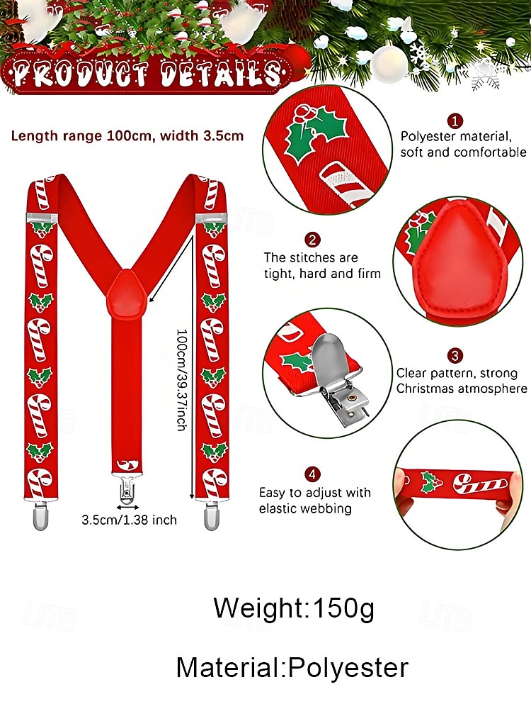 Kerstbretels voor heren – rood met zuurstok- en hulstmotief, verstelbaar voor feestdagen en feestelijke bijeenkomsten 2026 - $11.99 –P8