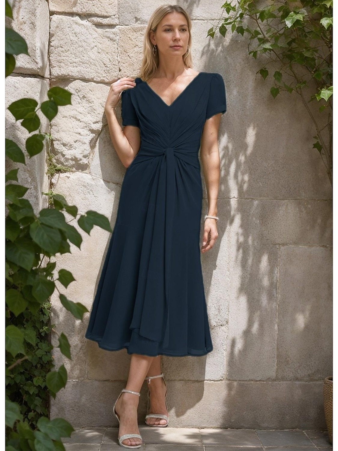 A-Line Mother of the Bride Dress Formal Wedding Guest Elegant Simple Minimalist V Neck Tea Length Chiffon Short Sleeve with Pleats Ruched 2026 - $137.99 –P10