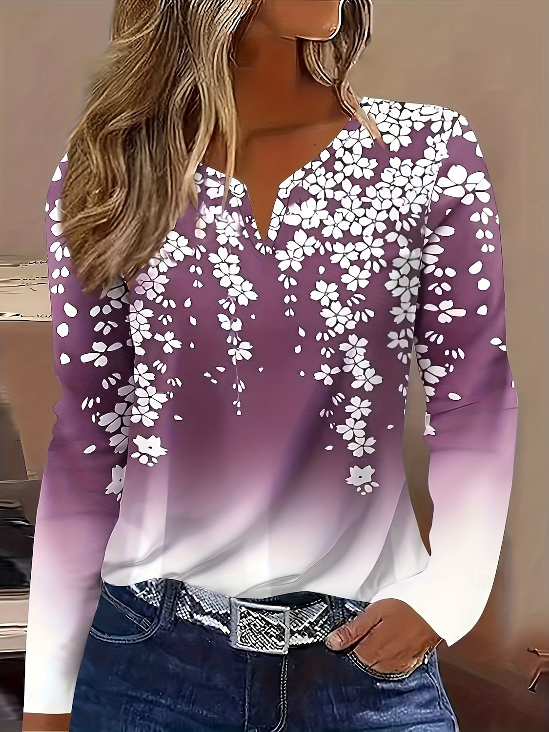 Dames T-shirt Afdrukken Ombre Bloemig Grafisch Vintage Stijlvol Klassiek Lange mouw V-hals Gekerfde nek Normale tops Dagelijks Weekend Blozend Roze Paars Lente Herfst Winter 2026 - $24.99 –P1