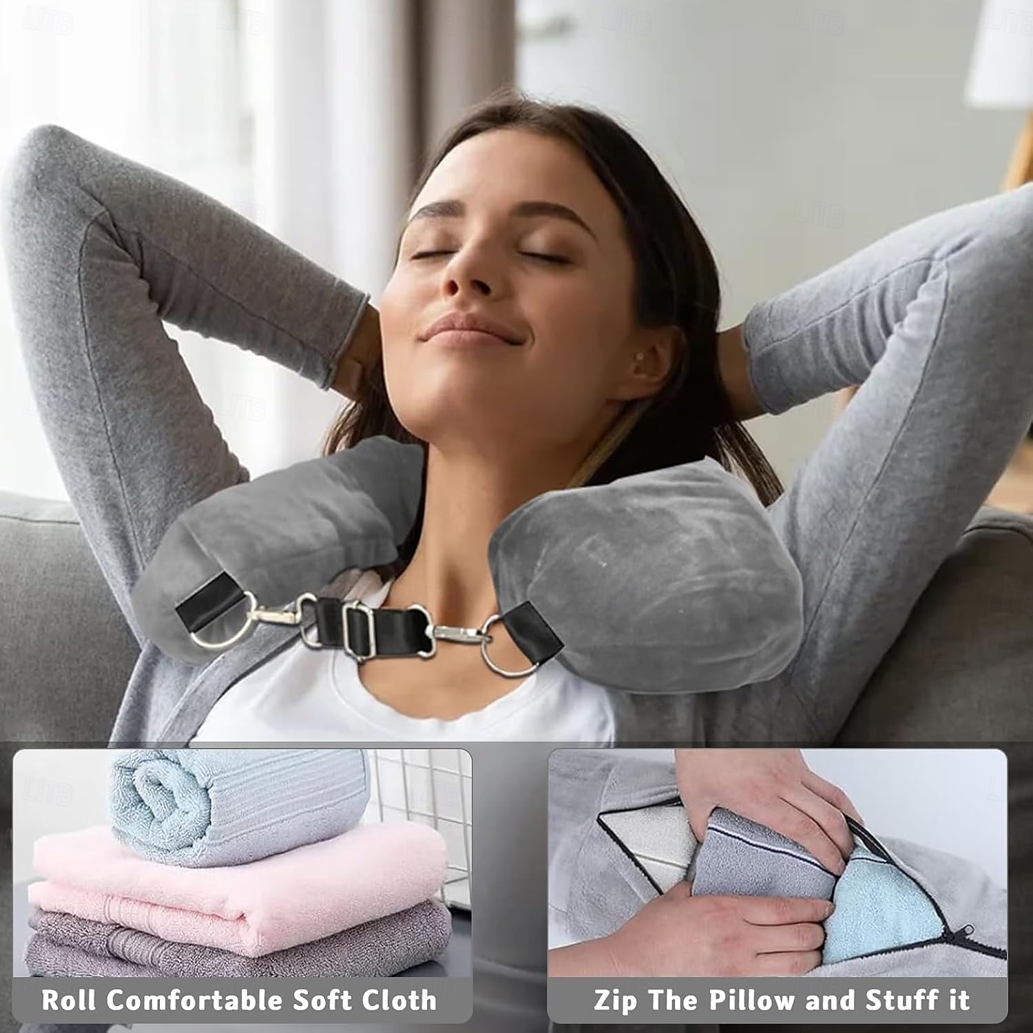 Almohada de viaje rellenable para el cuello, funda de almacenamiento portátil con cremallera segura, funda de transporte liviana para uso en aviones, se puede llenar con ropa para crear un soporte 2026 - $19.99 –P3