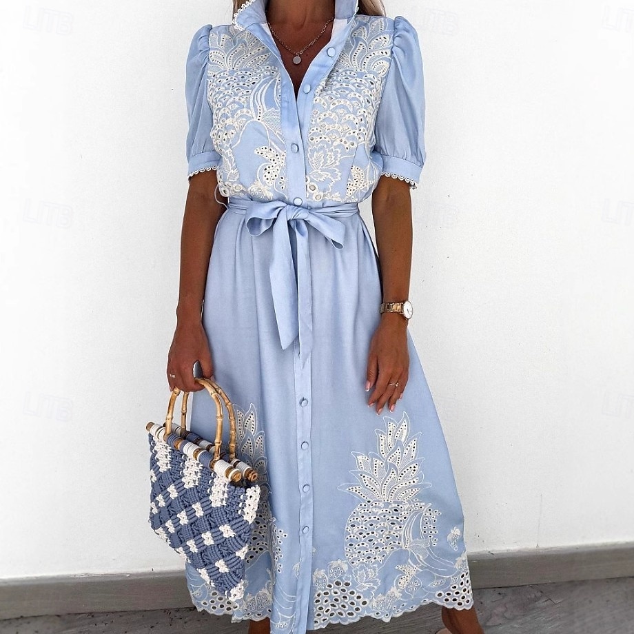 Damen Midikleid Sommerkleid Urlaub Lässig Boho Ausgehen Normale Passform Blumen Kurzarm Umlegekragen Blau Weiß Weiß Sommer Frühling 2026 - $45.99 –P2