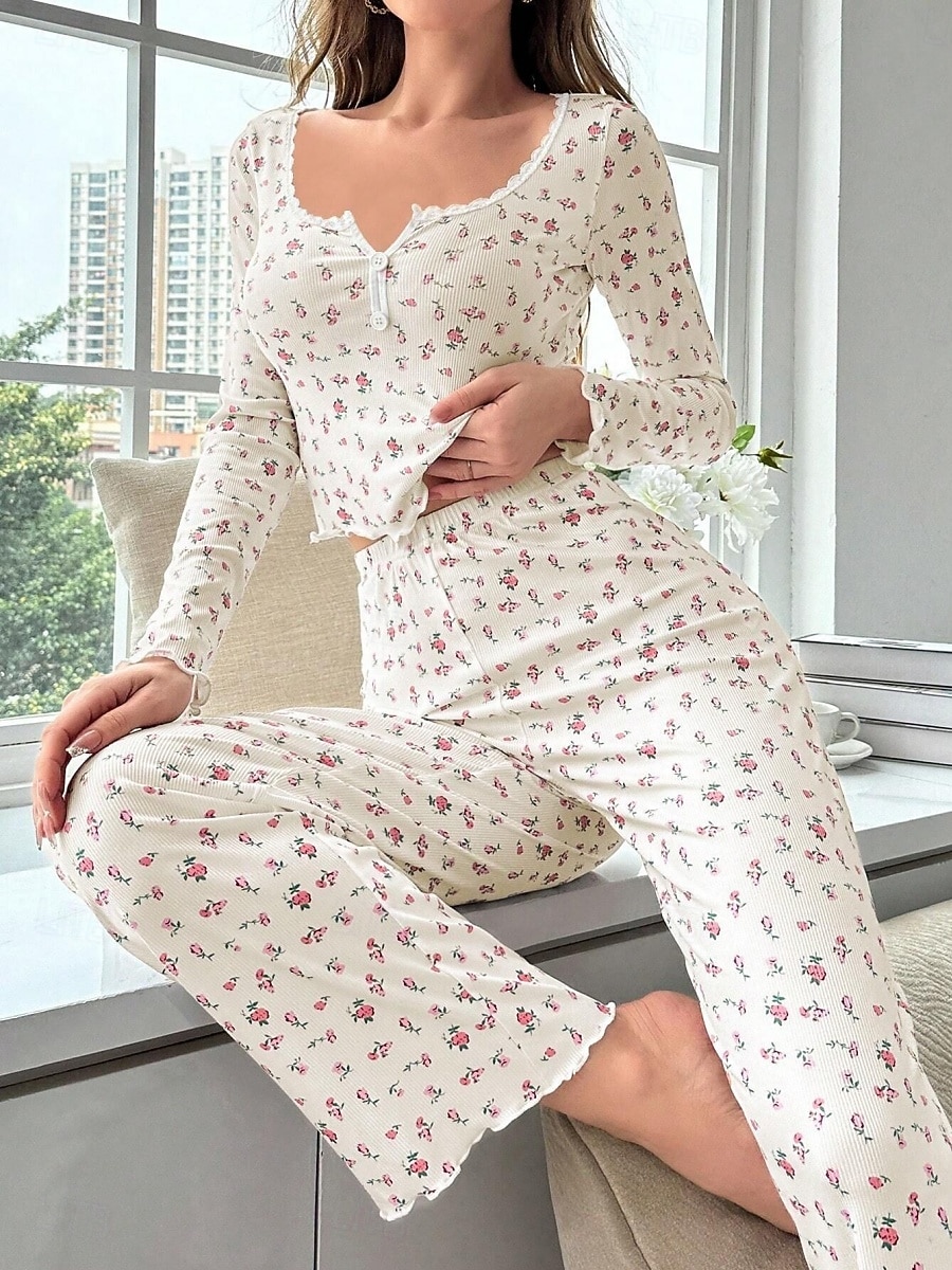 Dame Pyjamas Sett Fritid Komfort Blomstret Elastisk midje Bukse Hjem Daglig Langermet U-hals Hvit Gul Rosa Lilla Vår Høst Normal 2026 - $21.99 –P3