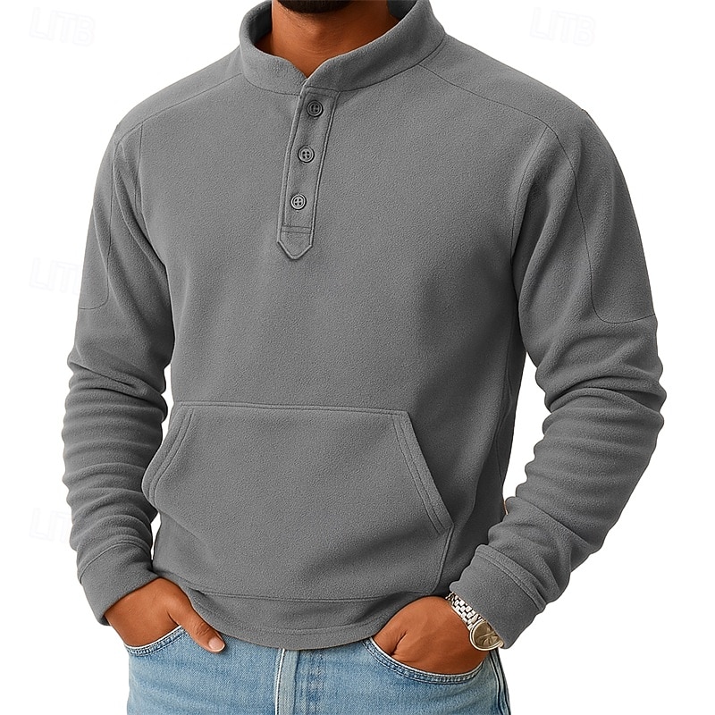 Men's Sweatshirt Fleece Sweatshirt Button Up Hoodie Black Dark Green Khaki Coffee Gray Henley Plain Patchwork Kangaroo Pocket Sports & Outdoor Casual Daily Streetwear Cool Sportswear Fall Winter 2026 - $28.99 –P3