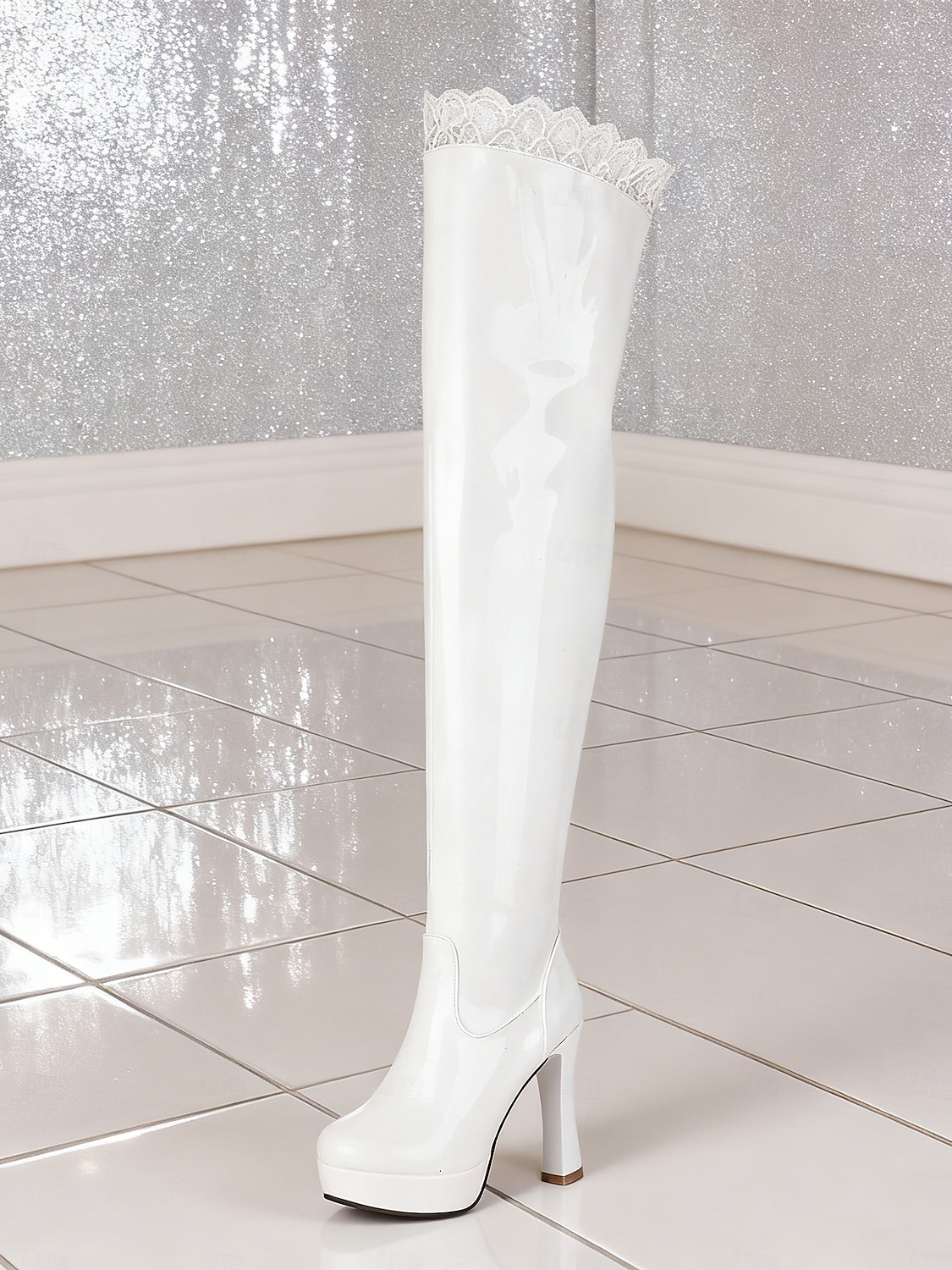 stivali sopra il ginocchio in vernice da donna - stivali alti fino alla coscia con plateau e tacco alto e rifiniture in pizzo, calzature sexy per la sera, feste e abbigliamento da discoteca del 2026 a $79.99 –P2