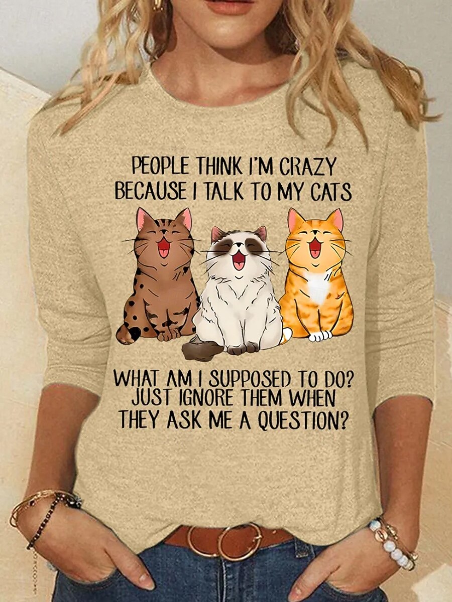 Dame T skjorte Trykt mønster Grafisk Dyr Katt Mote Fritid Kortermet Langermet Crew-hals Rund hals Vanlige topper Daglig Helg Svart Hvit Rosa Grønn Kakifarget Sommer Vår Høst 2026 - $24.99 –P6