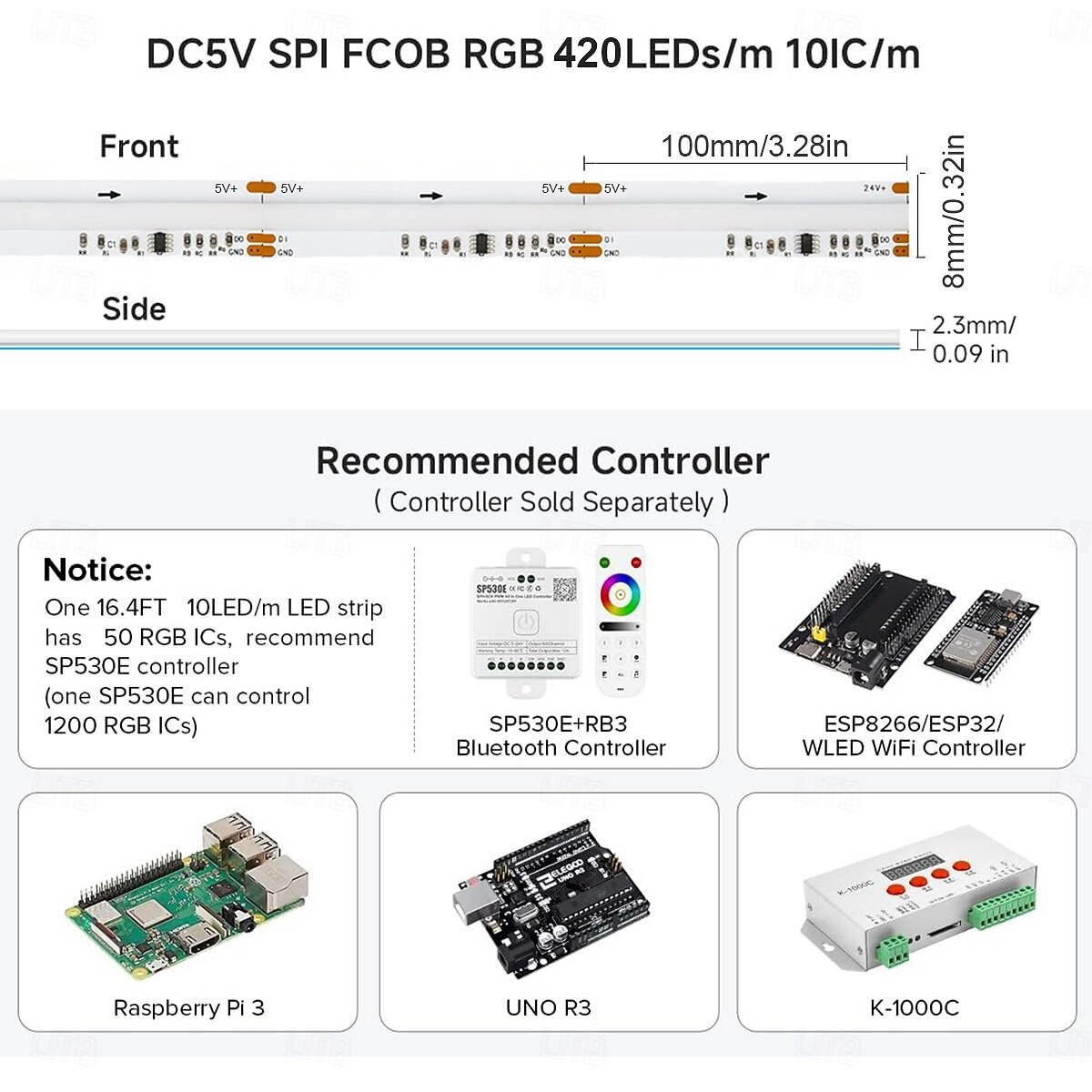 FCOB COB WS2812B IC RGB LED Strip DC5V (Optional Bluetooth Smart APP Controller) 3.2-16.4FT Individual Addressable 420Pixel/m  10IC Dream Color IP30 Non-Waterproof High Density Light 0.32in Width 2025 - $14.99 –P4