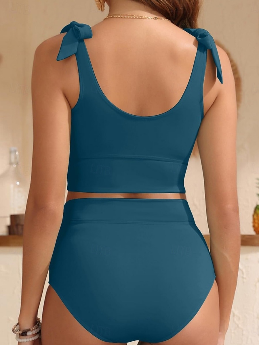 Bikini de mujer de 2 piezas bragas delgadas espalda descubierta ropa de playa de vacaciones trajes de baño en color sólido de cuello U sin mangas 2026 - $25.99 –P2