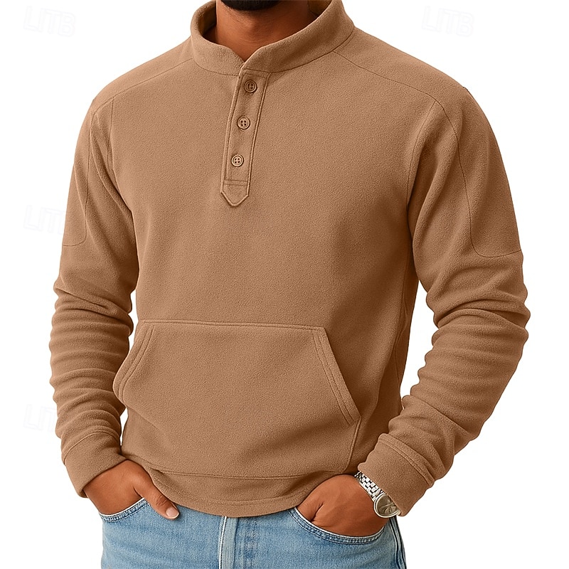 Men's Sweatshirt Fleece Sweatshirt Button Up Hoodie Black Dark Green Khaki Coffee Gray Henley Plain Patchwork Kangaroo Pocket Sports & Outdoor Casual Daily Streetwear Cool Sportswear Fall Winter 2026 - $28.99 –P1