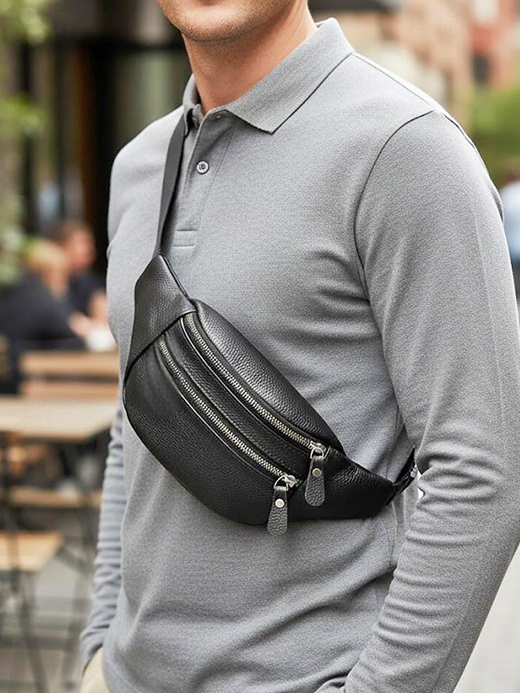 marsupio da uomo in vera pelle - grande capacità, colori nero e caffè, molteplici stili di utilizzo, elegante e pratico per l'uso quotidiano del 2026 a $11.99 –P1