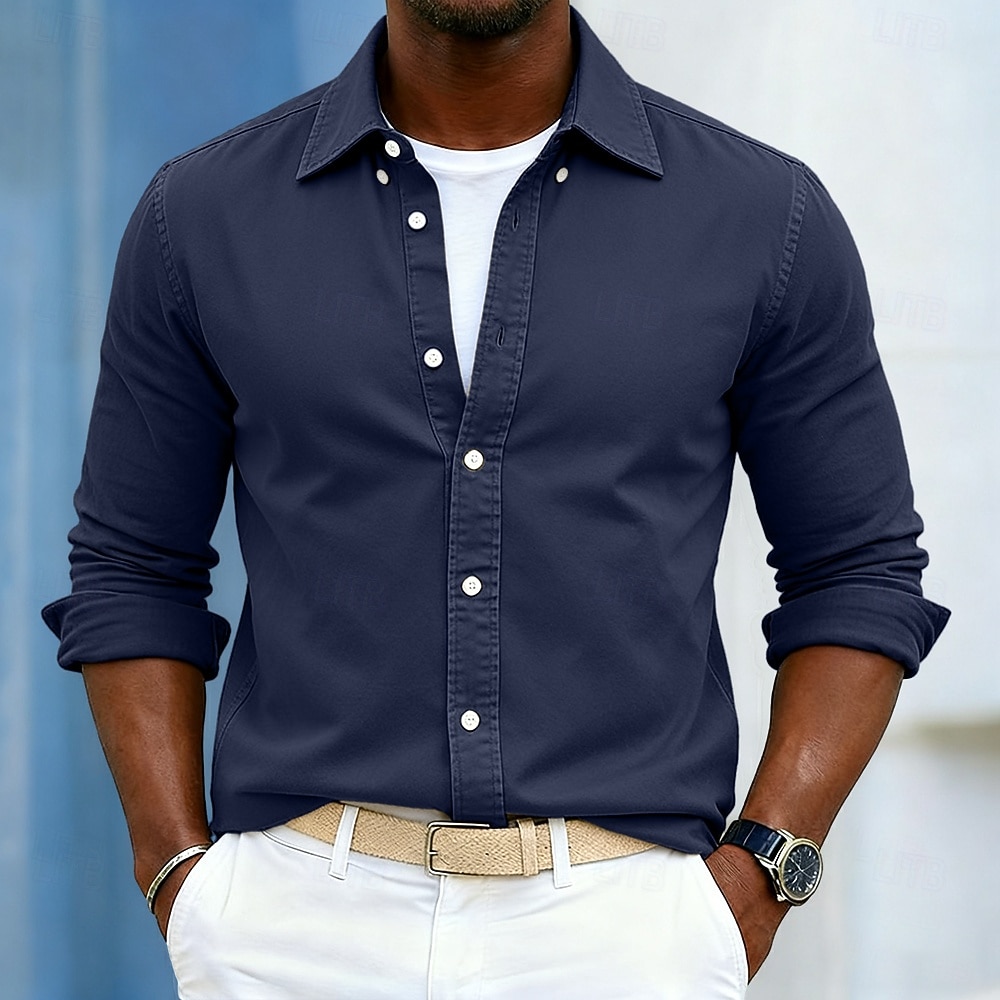 Men's Shirt Casual Shirt Button Up Shirt Acid Wash Shirt Navy Blue Gray Long Sleeve Plain Lapel Casual Daily Clothing Apparel Fashion Modern Smart Casual 2026 - $29.99 –P12