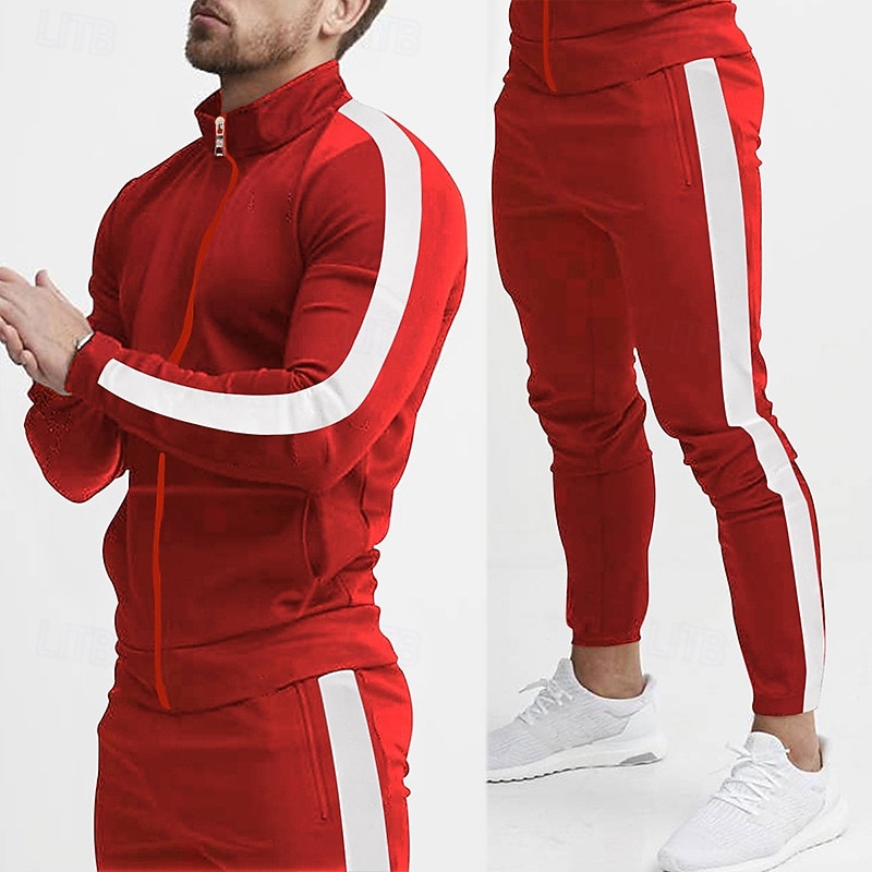 Men's Sweatshirt Tracksuit Outfit Set Stand Collar Outdoor Daily Sports Drawstring Zip Up Pocket Color Block Yellow Red Navy Blue Polyester Activewear Fashion Streetwear Spring 2026 - $45.99 –P3