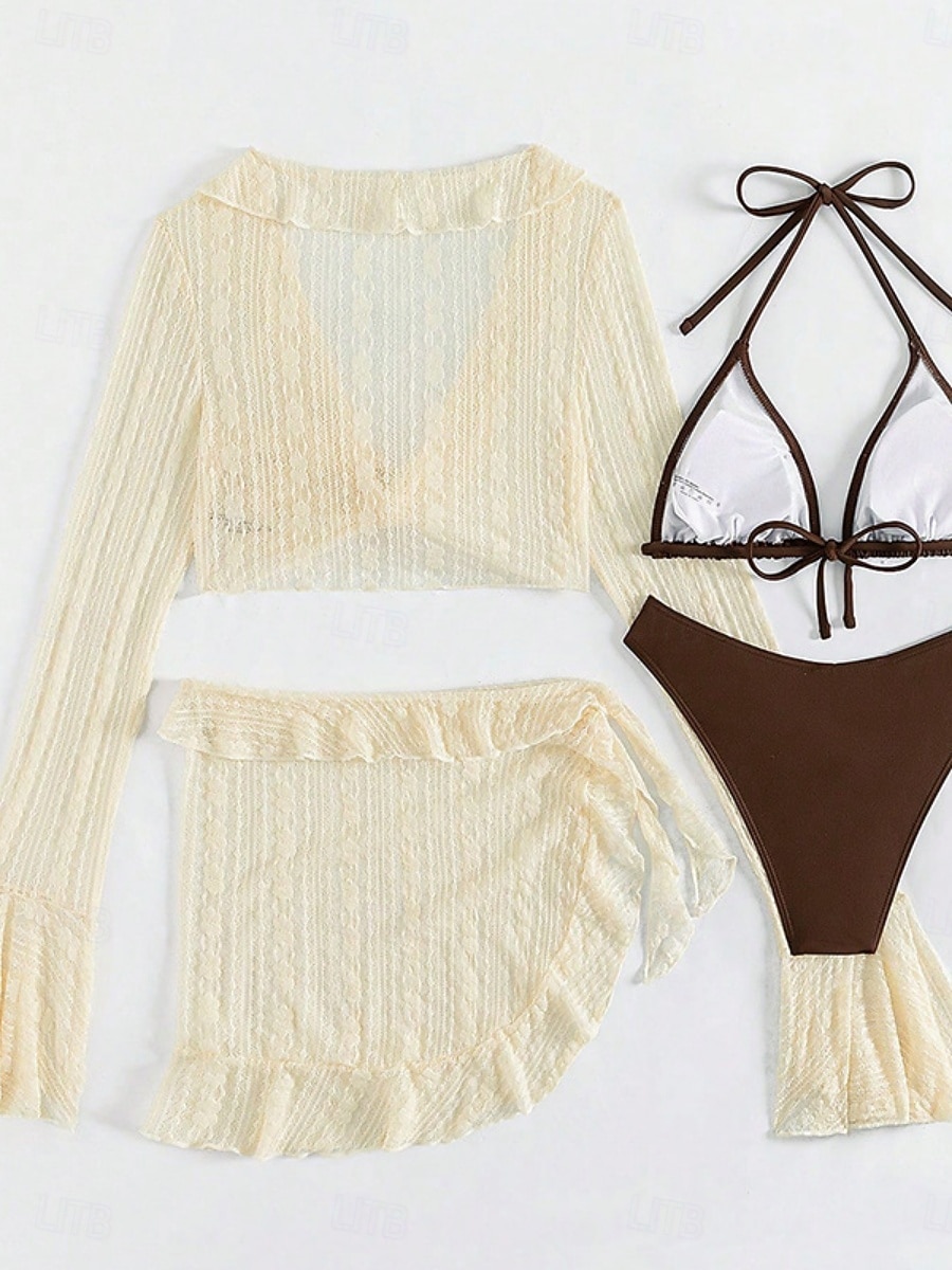 Dames Bikini Badpak Rok Slank Rugloos Vakantie Strandmode Effen Kleur V Hals Mouwloos Lange Mouwen Badpak 2026 - $28.99 –P5