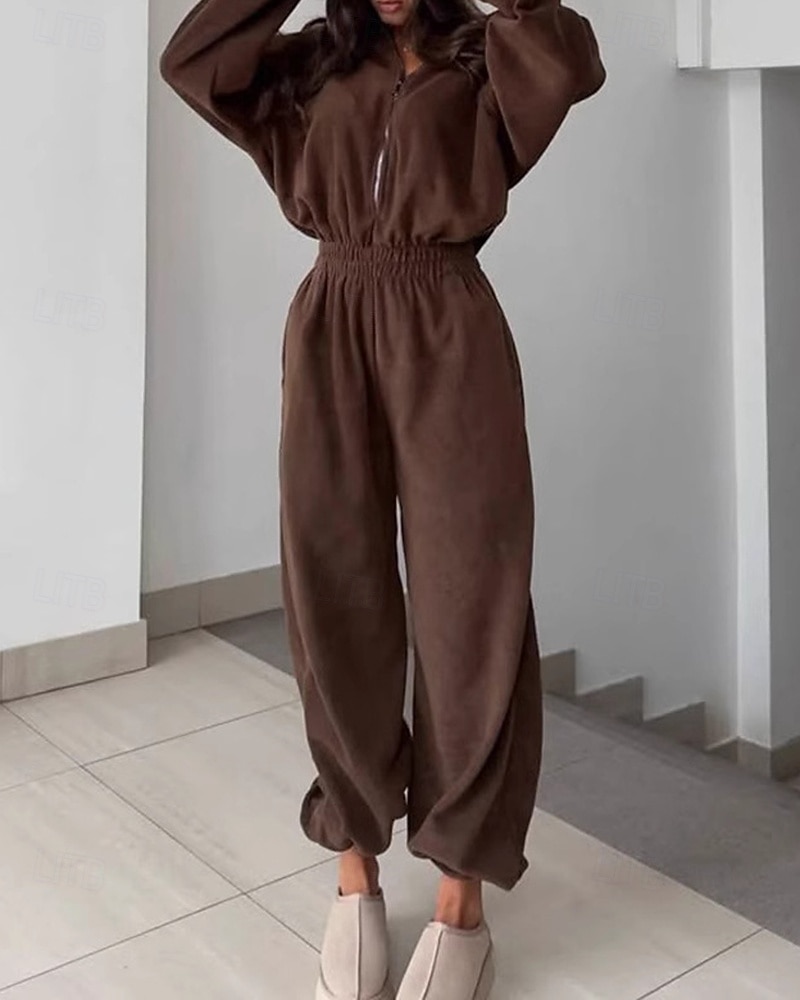 Dames Loungewear Rompertjes Modieus Sport Casual Heldere kleur Vetoketju Vakantie Huis Afspraakje Lange mouw Overhemdkraag Zwart Wit Wijn Bruin Donkergrijs Lente Herfst Winter Getailleerd 2026 - $43.99 –P1