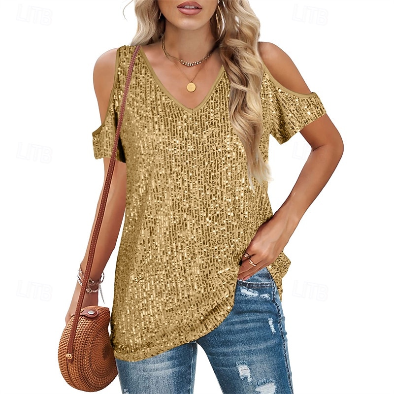 Femmes T-shirt Hauts d'été Paillettes Patchwork Couleur Unie Élégant Mode Classique Manche Courte Col en V Hauts Réguliers Quotidien Sortir Week-end Bleu Noir Blanche Jaune Rose Claire Été Printemps de 2026 ? $31.99 –P4
