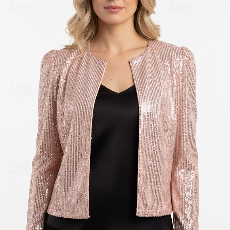 Damen Wintermantel Warm Bequem Pailletten Öffnung vorne Mode Lässig Einfach Urlaub Straße Alltagskleidung Ausgehen Kurz Rundhalsausschnitt Normale Passform Langarm Oberbekleidung Schwarz Rosa Herbst 2026 - $26.99 –P3