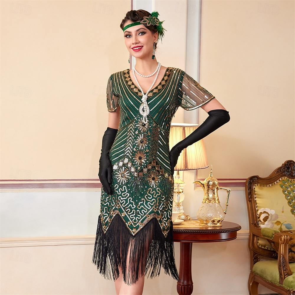 Roaring 20s 1920s Knee Length Flapper Dress Short Sleeves The Great Gatsby Sequins Fringe V Neck Fancy Dress Women's Christmas Carnival speakeasy Roaring 20s 1920s Knee Length Flapper Dress Short Sleeves The Great Gatsby Sequins Fringe V Neck Fancy Dress Women's Christmas Carnival speakeasy