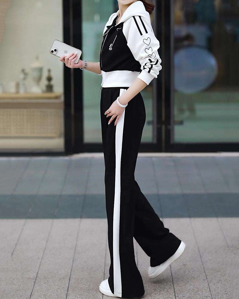 نسائي سويت شيرت بسحاب بنطلون واسع الساق بدلة رياضية من قطعتين رباط ألوان متناوبة أطقم ملابس رياضية الخريف أسود أبيض المشي لمسافات طويلة مهنة ركض كم طويل رياضة ألبسة رياضية مرن نسبياً عادي 2026 - $39.99 –P9