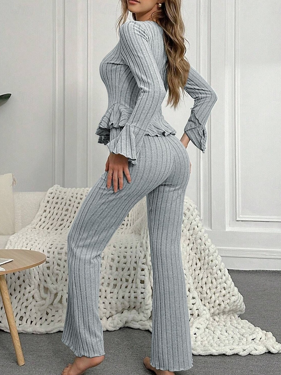 Femmes Ensemble Pyjama Occasionnel Confort Couleur Unie Taille Élastique Pantalon Maison Quotidien manche longue Col en V Noir Vin Fuchsia Gris Printemps Automne Hiver Coupe régulière de 2026 ? $21.99 –P3