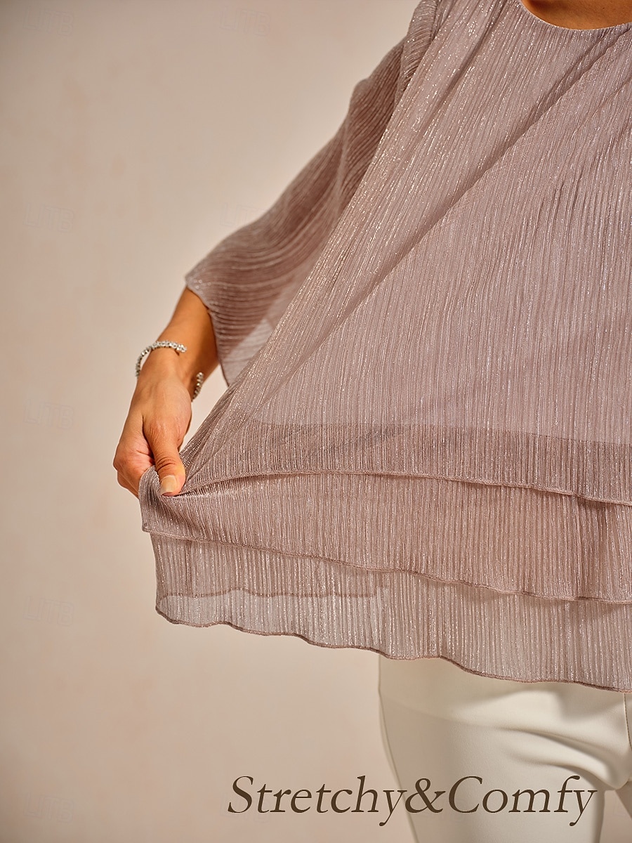 Dames Blouse Chiffon-topjes Kanten topjes Met ruches Schitteren Effen Kleur Elegant 3/4 mouw Strakke ronde hals Bruiloft gast Feestdagen Blozend Roze Zomer Lente Herfst 2026 - $59.99 –P3