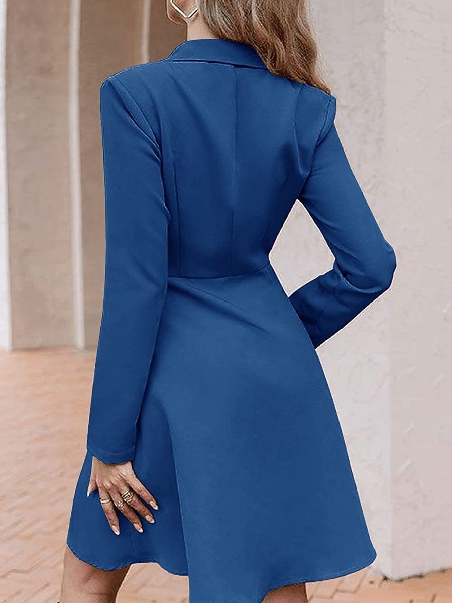Women's Midi Dress Blazer Dress Fashion Modern Daily Office Vacation Regular Fit Plain Long Sleeve Deep U Shirt Collar Blue Black Camel Spring Fall Winter 2026 - $35.99 –P7