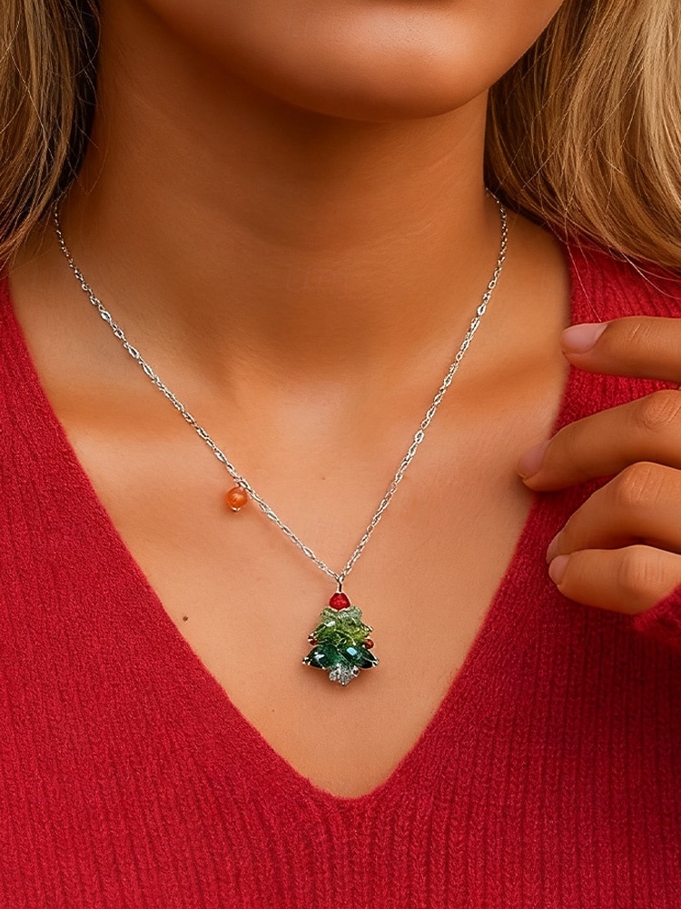 Bijuterii acrilice de Crăciun pentru femei – colier și cercei cu brad festiv și funde roșii, perfecți pentru petreceri și sărbători 2026 - $9.99 –P4