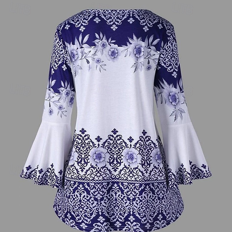 Γυναικεία Μπλούζα Στάμπα Γραφική Βίντατζ Καθημερινά Στυλάτο Μακρυμάνικο Καμπάνα Στρογγυλή Ψηλή Λαιμόκοψη Κανονικά μπλουζάκια Καθημερινά Αργίες Εξόδου Θαλασσί Μαύρο Καλοκαίρι Άνοιξη 2026 - $21.99 –P2