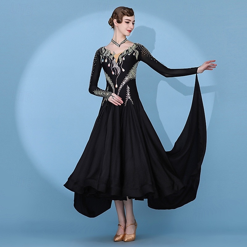 Dança de Salão Vestido Pregas Recortes Cristal / Strass Mulheres Espetáculo Treino Manga Longa Alto Elastano Fibra de Leite de 2026 por $895.79 –P1