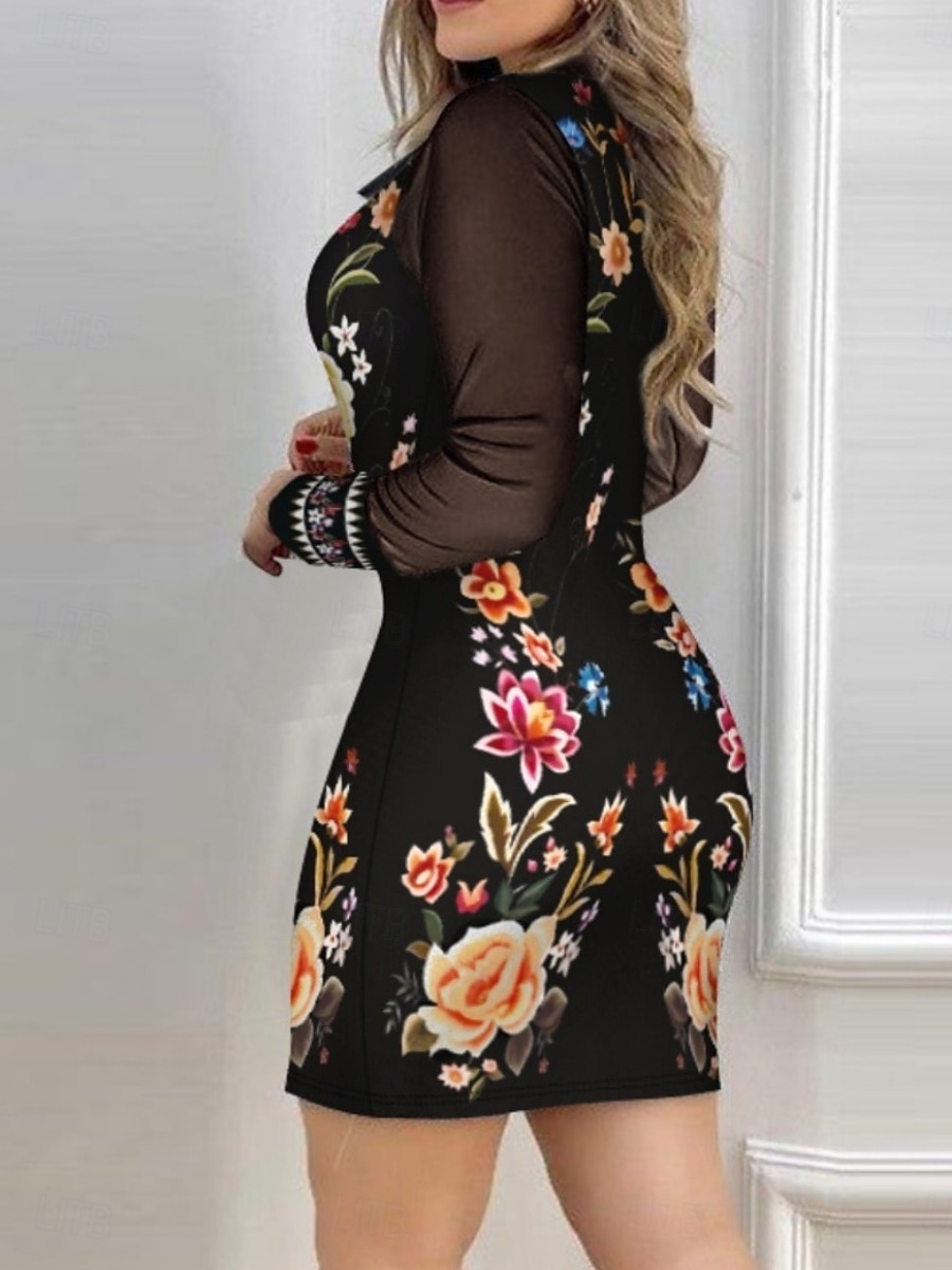 Femmes Mini Robe Robe fourreau Occasionnel Extérieur Sortir Coupe Slim Fleuri Tournesol manche longue Col en V Jaune / Noir Noir Jaune Printemps Automne de 2026 ? $29.99 –P2