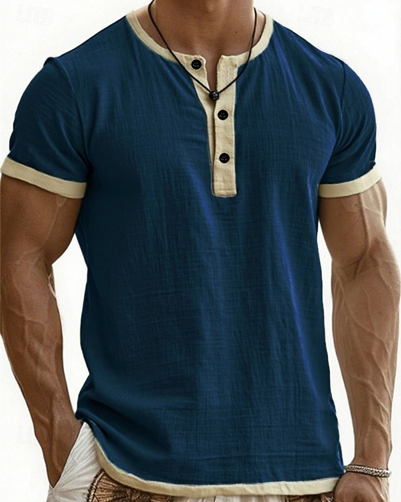 Herre T skjorte Henly-skjorte T-skjorter Kortermet skjorte Kortermet Henley Sommer Vår Fargeblokk Mote Designer Grunnleggende Lapper Feriereise Gate Ut på byen Blå Svart Rosa Topp T-skjorte for menn 2026 - $20.99 –P8