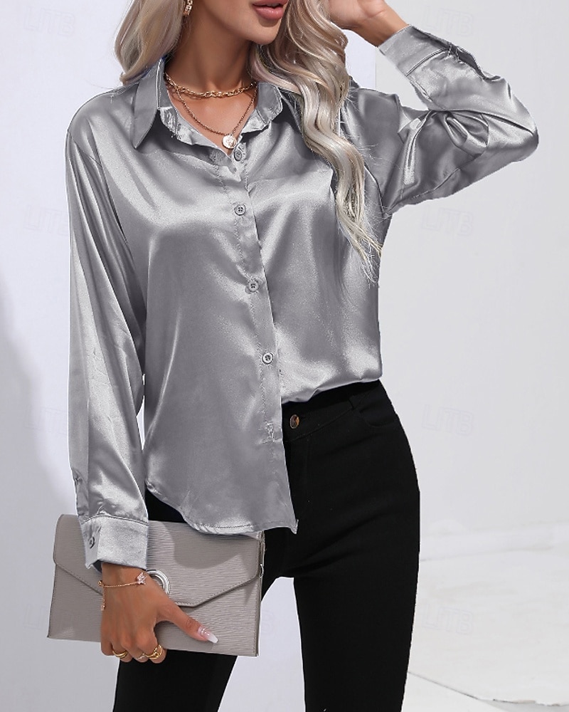 Femmes Chemise Elegant Haut en satin Chemisier Boutons Uni Élégant ancien manche longue Col de chemise Hauts Réguliers Fête Sortir Jaune Rouge Bleu Roi Rose Gris Été Printemps de 2026 ? $25.99 –P7