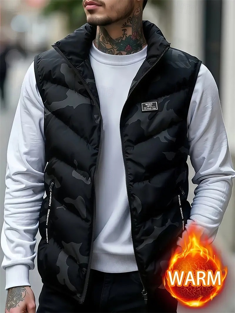 Homens Colete puffer Colete Gilet Férias Diário Encontro Moda Casual Outono & inverno Bolsos Poliéster Manter Quente Confortável Côr Camuflagem Zíper Colarinho Chinês Normal Preto Verde Tropa Cinzento de 2026 por $37.99 –P1