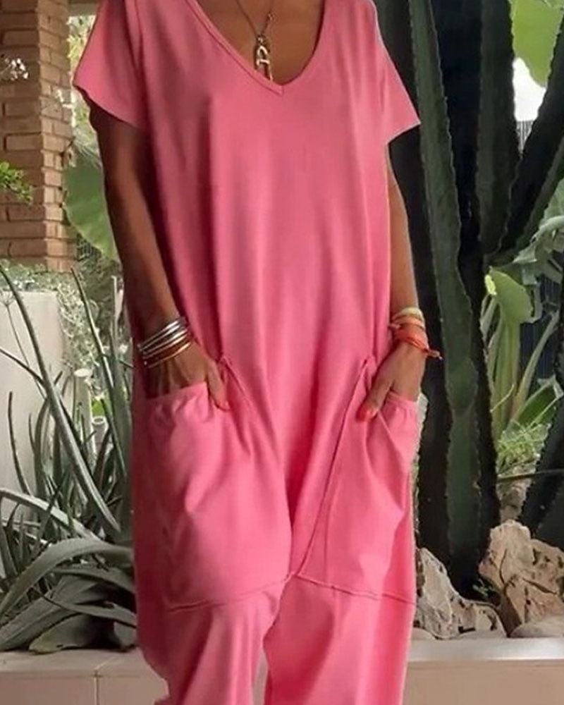 Dámské Běžný Kombinéza Elegantní Pevná barva Krátký rukáv Rovné Do V Slátanina Kapsy Dovolená Domů Běžný Vodní modrá Bílá Žlutá Léto 2026 - $28.99 –P6
