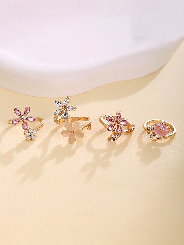 Sett med blomsterringer i legering til dame – elegant design med rosa og klare krystaller, perfekt for både uformelle og formelle anledninger 2026 - $4.99 –P4