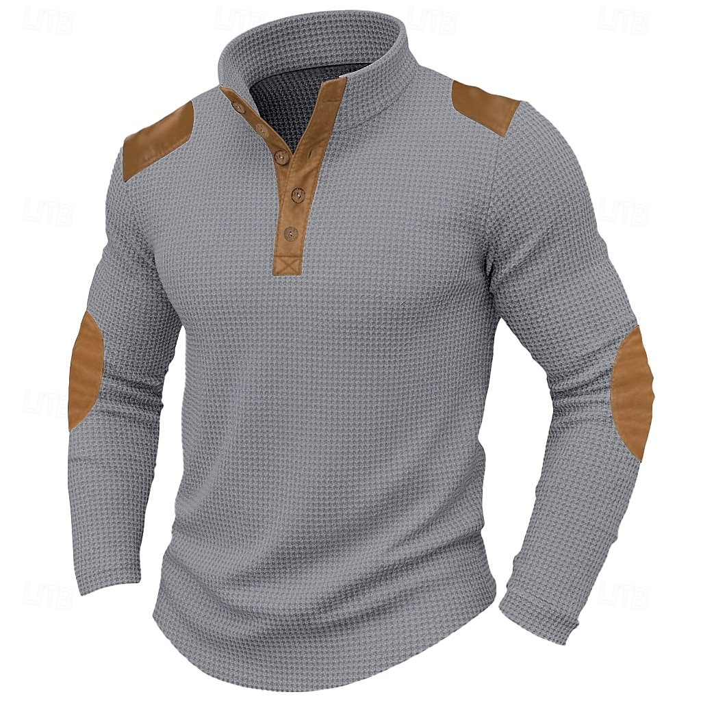 Men's T Shirt Waffle Henley Shirt Tee Top Shirts With Elbow Patches Long Sleeve Color Block Fashion Designer Basic Patchwork Stand Collar Henley Casual Vacation Street Fall Spring & Fall Fall 2026 - $23.99 –P2