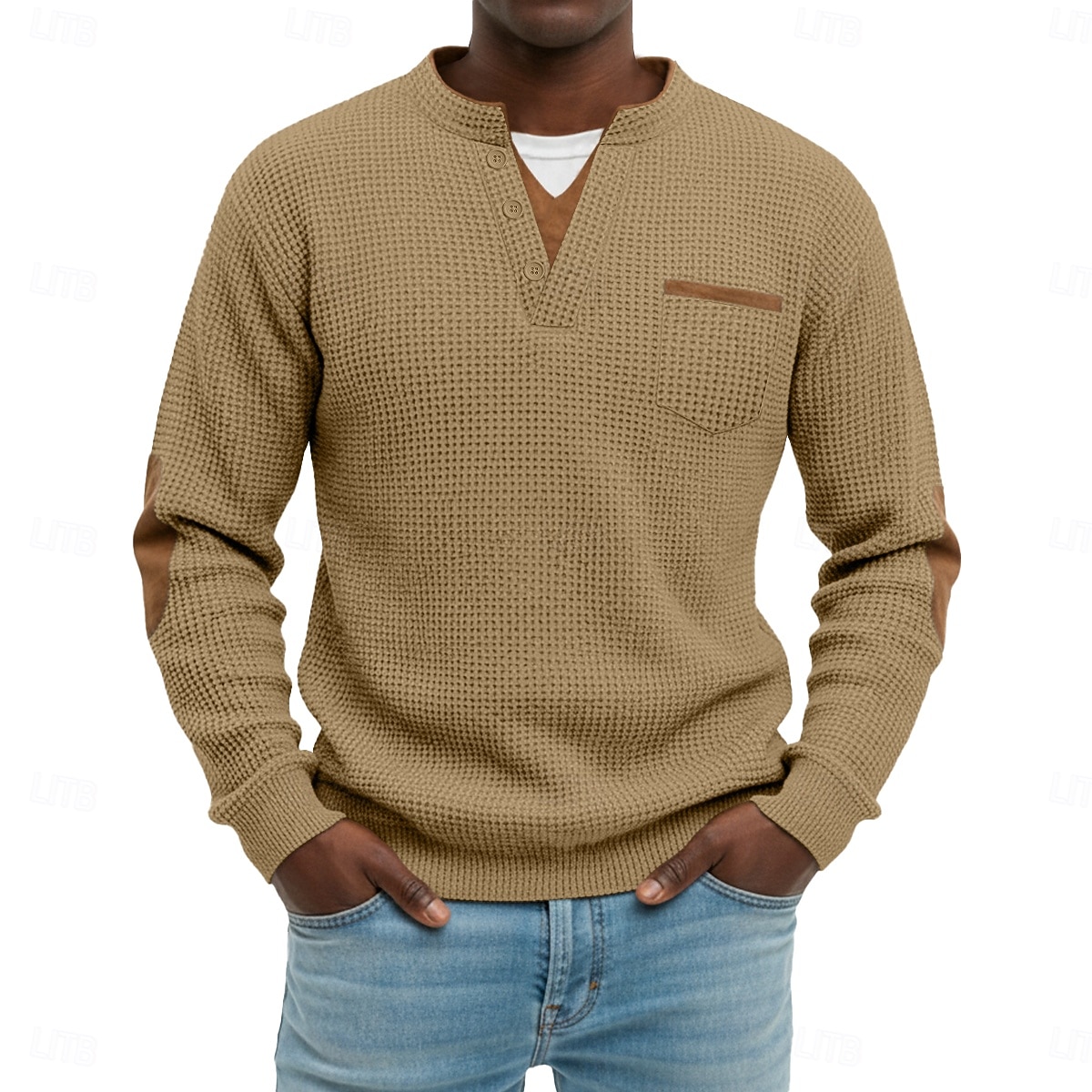 Herr Våffeltröja Waffle Henley Shirt Herrskjortor med armbågslappar Långärmad V-hals Henley Höst vinter Vår & Höst Ensfärgat Mode Grundläggande Ledigt falska två stycken Ledigt Gata Sport Grå Topp 2026 - $24.99 –P2
