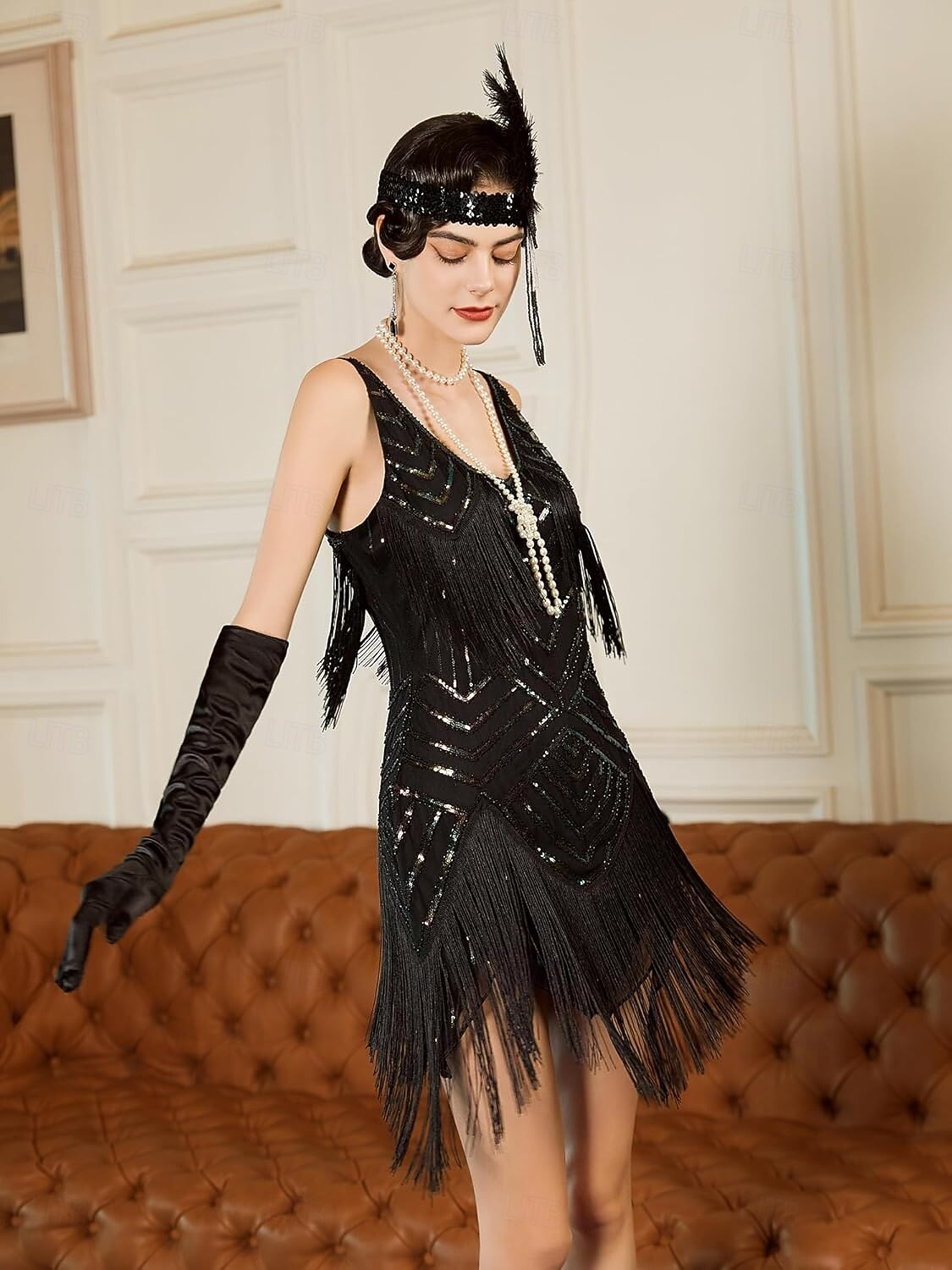 Set Roaring 20s 1920s Mini Dress Flapper Dress Outfits with Accessories Sleeveless The Great Gatsby Charleston Sequins Tassel Fringe Feather Deep V Fancy Dress Women's Carnival New Year Masquerade 2026 - $79.99 –P18