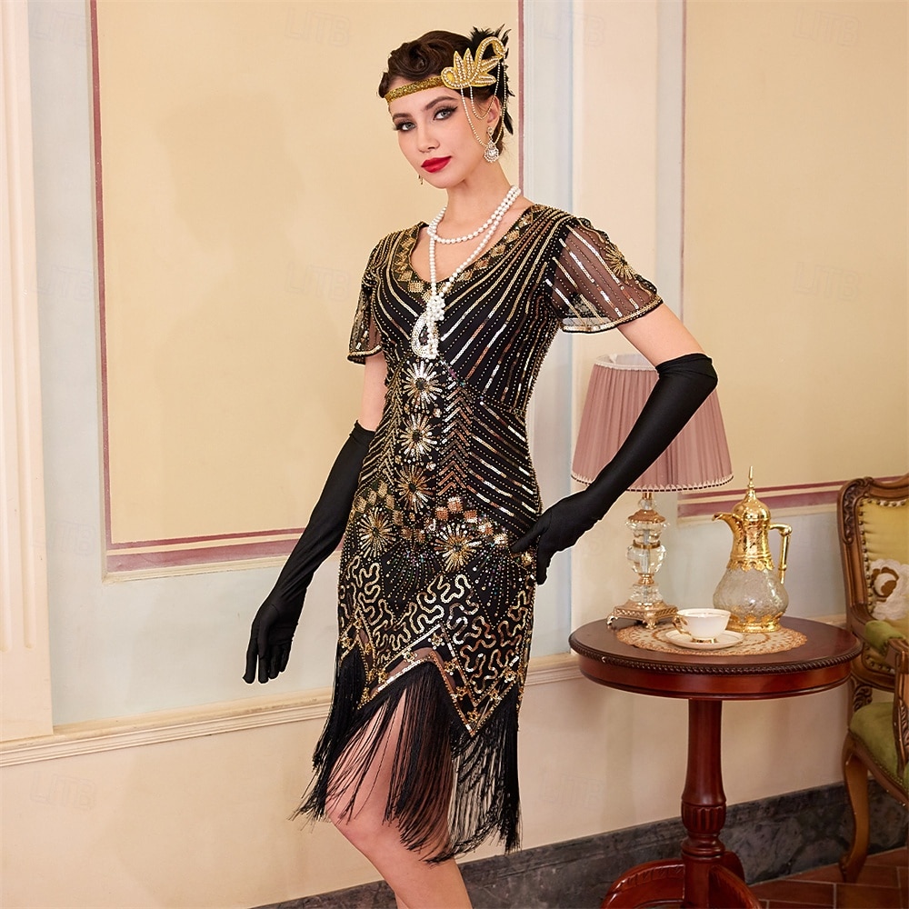 Roaring 20s 1920s Knee Length Flapper Dress Short Sleeves The Great Gatsby  Sequins Fringe V Neck