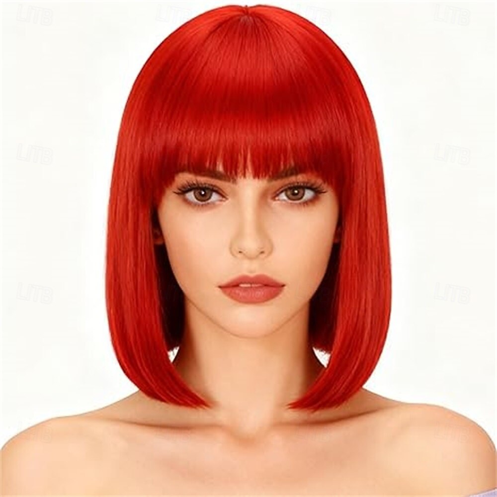 Peruca de Carnaval 2026 Loiro Vermelho Preta Liso Bob Curto Peruca sintética para festivais Mardi Gras Parada Cabelo para fantasia de cosplay para Feminino de 2026 por IDR Rp385603 –P9