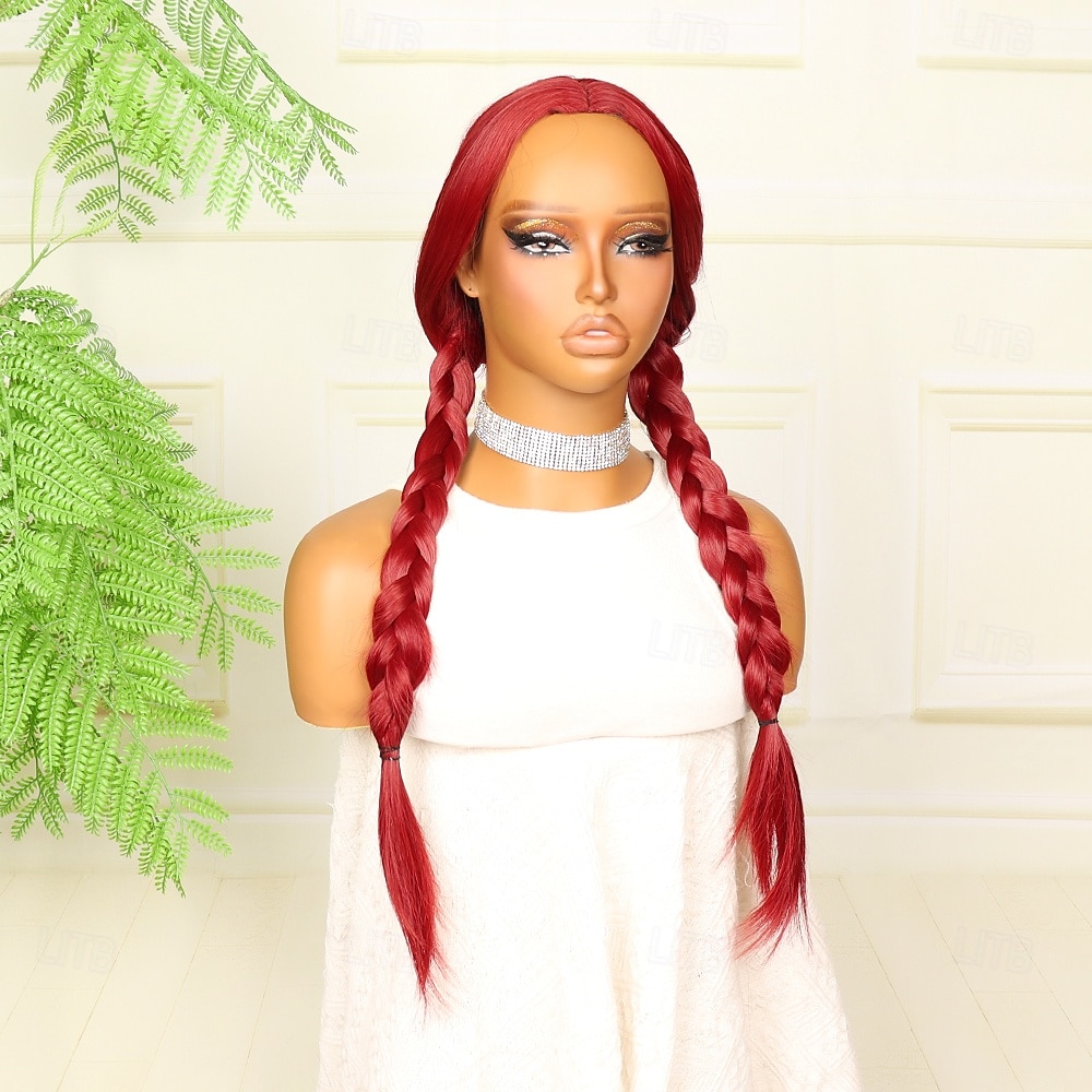 Synthetic Wig Crochet Plaited Middle Part Braid Wig 24 inch Wine Red Synthetic Hair 24 inch Women's Soft Comfy Burgundy 2026 - $43.99 –P3