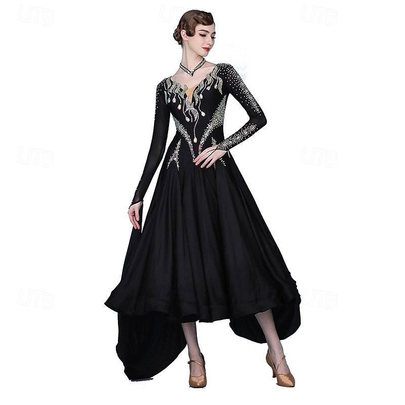Dança de Salão Vestido Pregas Recortes Cristal / Strass Mulheres Espetáculo Treino Manga Longa Alto Elastano Fibra de Leite de 2026 por $895.79 –P5