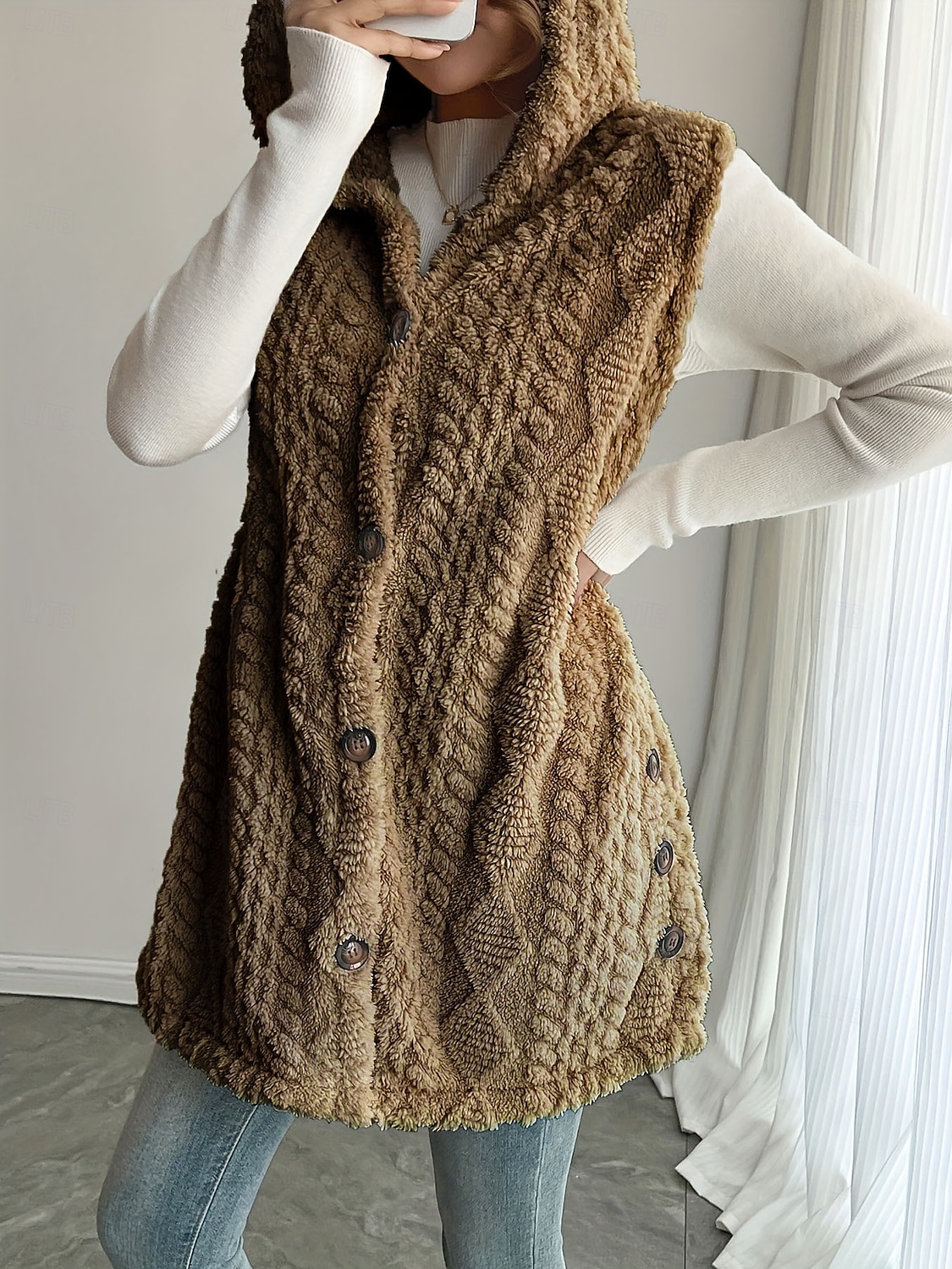 בגדי ריקוד נשים אפוד פליסה וסט נוח נושם כפתורים יום יומי אחיד חופשה רחוב קזו'אל לבוש יומיומי חזה יחיד ארוך עם קפוצ'ון רגיל ללא שרוולים הלבשה עליונה פול שחור לבן אביב סתיו 2026 - $31.99 –P9