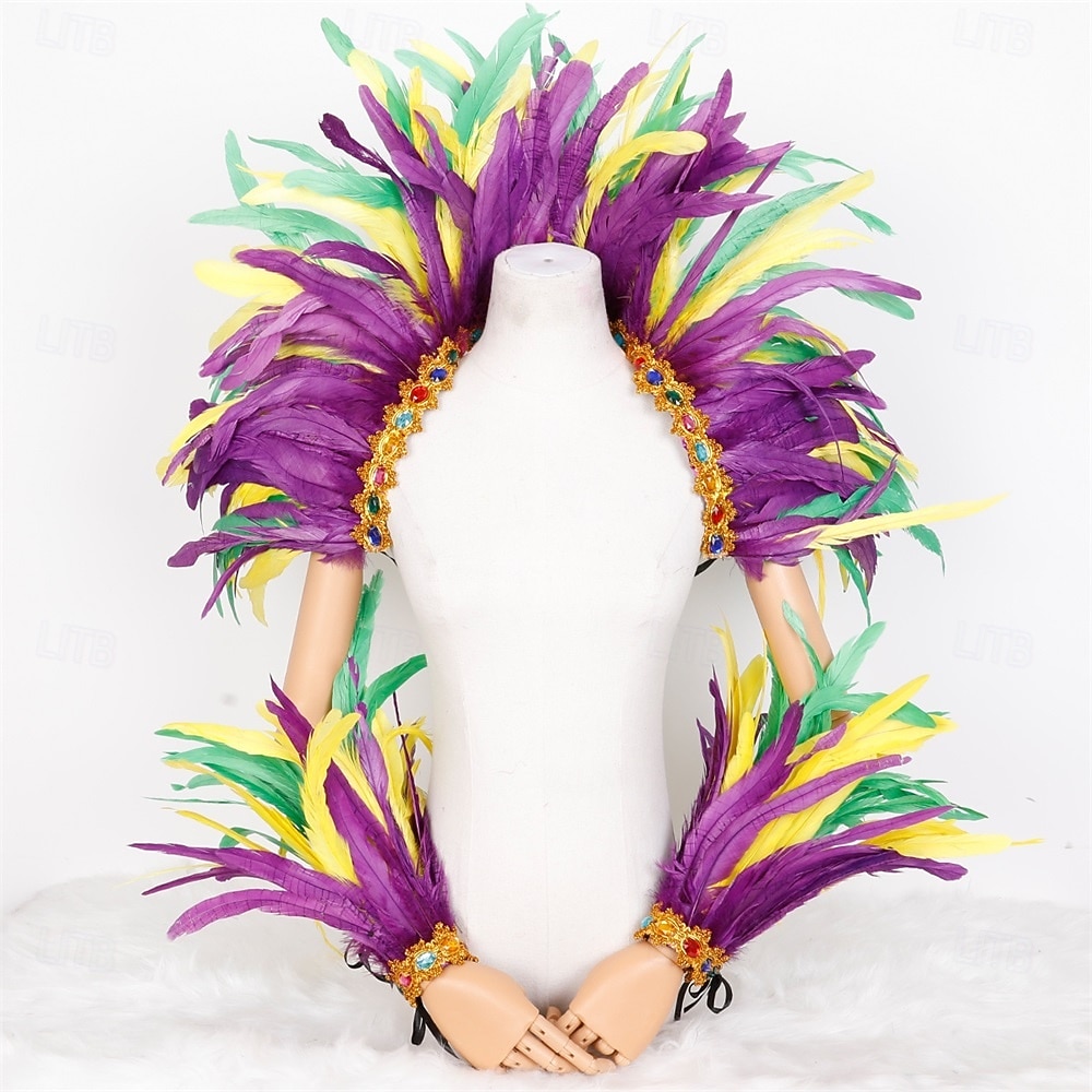 Carnaval 2026 Accesorii Samba Rio Carnaval Set epoleți și manșete cu pene pentru festivalul Mardi Gras - Violet Verde Aur cu cristale Costum de showgirl Carnaval Brazilia 2026 - $51.99 –P4