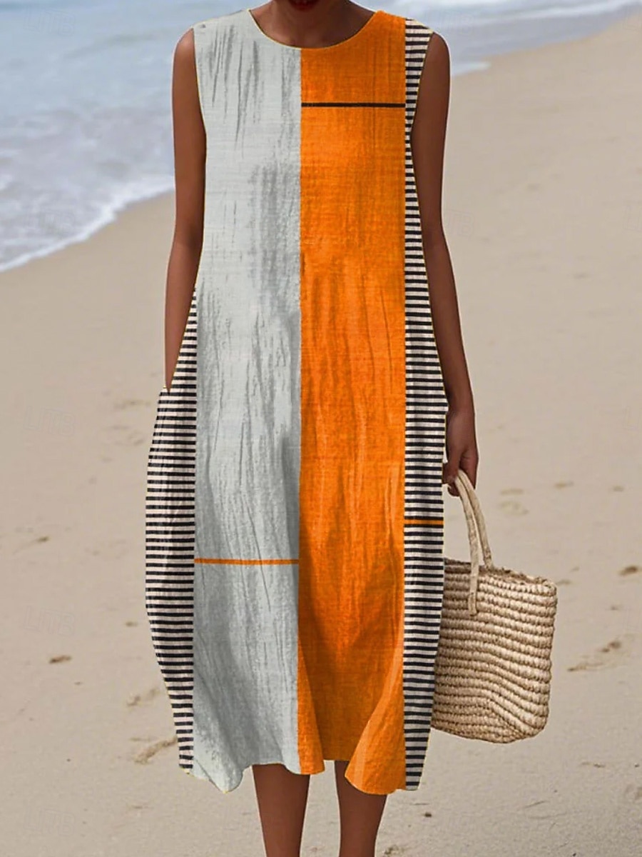 Midi sukienka lniana sukienka wakacyjna sukienka typu shift w kształcie litery A wakacyjna casualowa boho na plażę na wyjście luźna graficzna geometryczna bez rękawów okrągły dekolt niebieska biała 2026 - $39.99 –P1