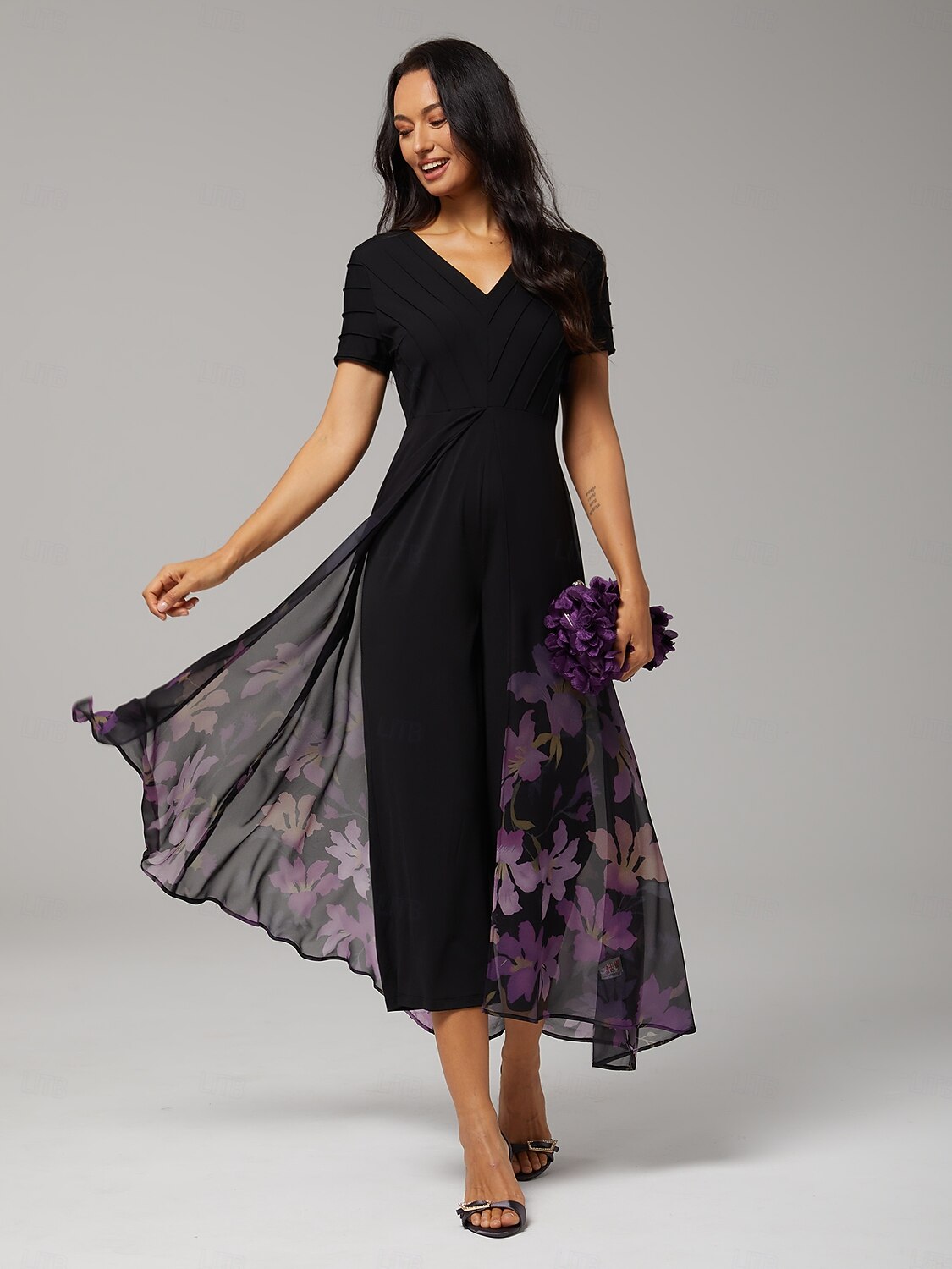 damejumpsuit svart tencel chiffon gradient paneled imitert todelt flagrende gjennomsiktig stretch blomstertrykk v-hals fest ferie vår sommer 2026 - $28.49 –P5