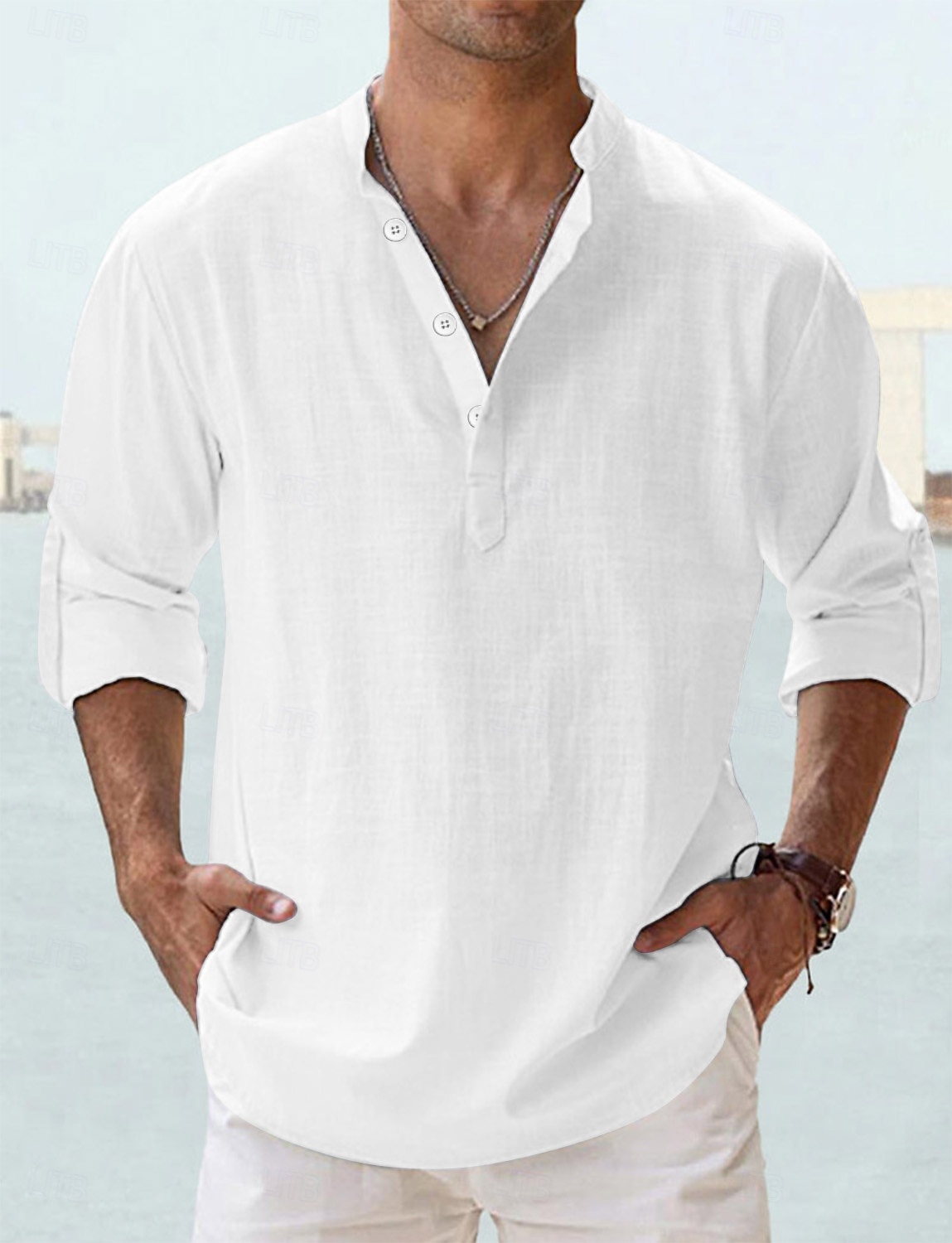 Per uomo Camicia Camicia di lino Camicia Estiva Camicia da Spiaggia Semplice Vacanza Camicia hawaiana Blu Nero Bianco Rosa Manica Lunga Collo alla coreana Primavera & Estate Abbigliamento Base del 2026 a $22.99 –P8