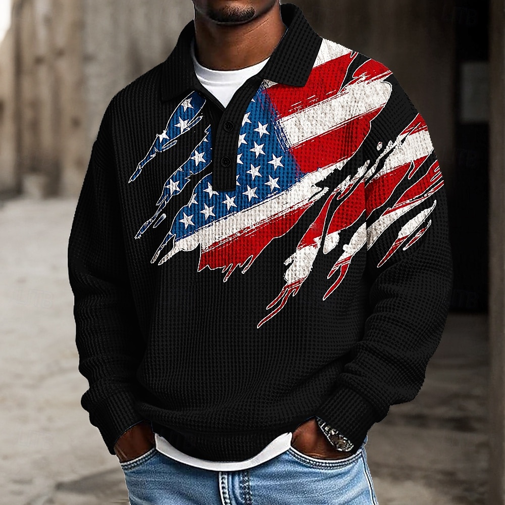 4 juli 2026 250e Voor heren Amerikaanse Amerikaanse vlag Polo Met Textuur Lange mouw Poloshirt Revers Casual Sportkleding Alledaagse kleding 3D-afdrukken Lente Herfst Winter blauw Wit Rood 2026 - $28.99 –P4